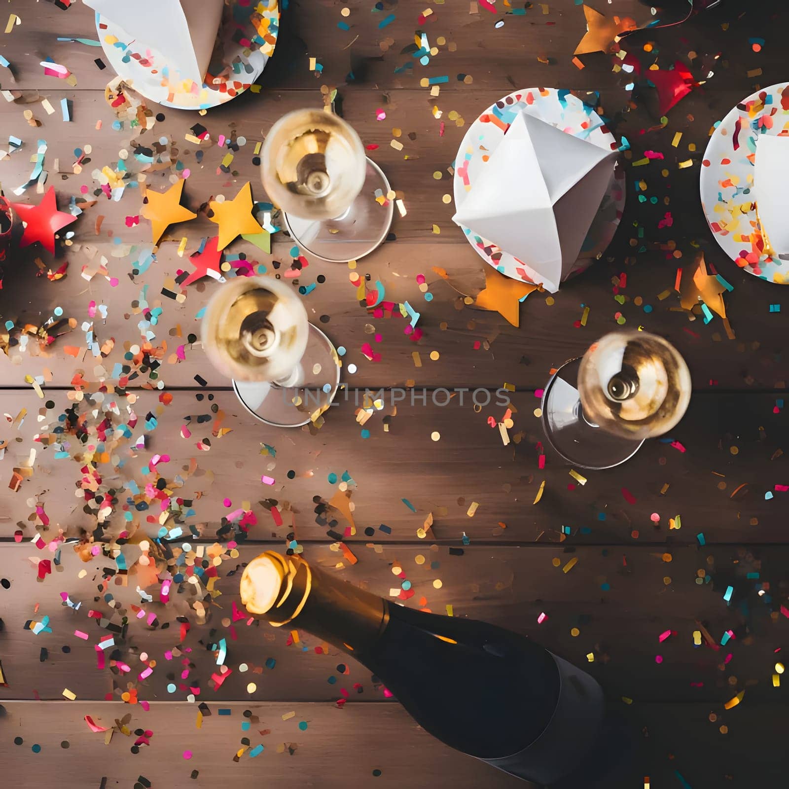 An aerial view of a wooden table top with bottle and glasses, champagne stars and colorful confetti. New Year's party and celebrations. A time of celebration and resolutions.