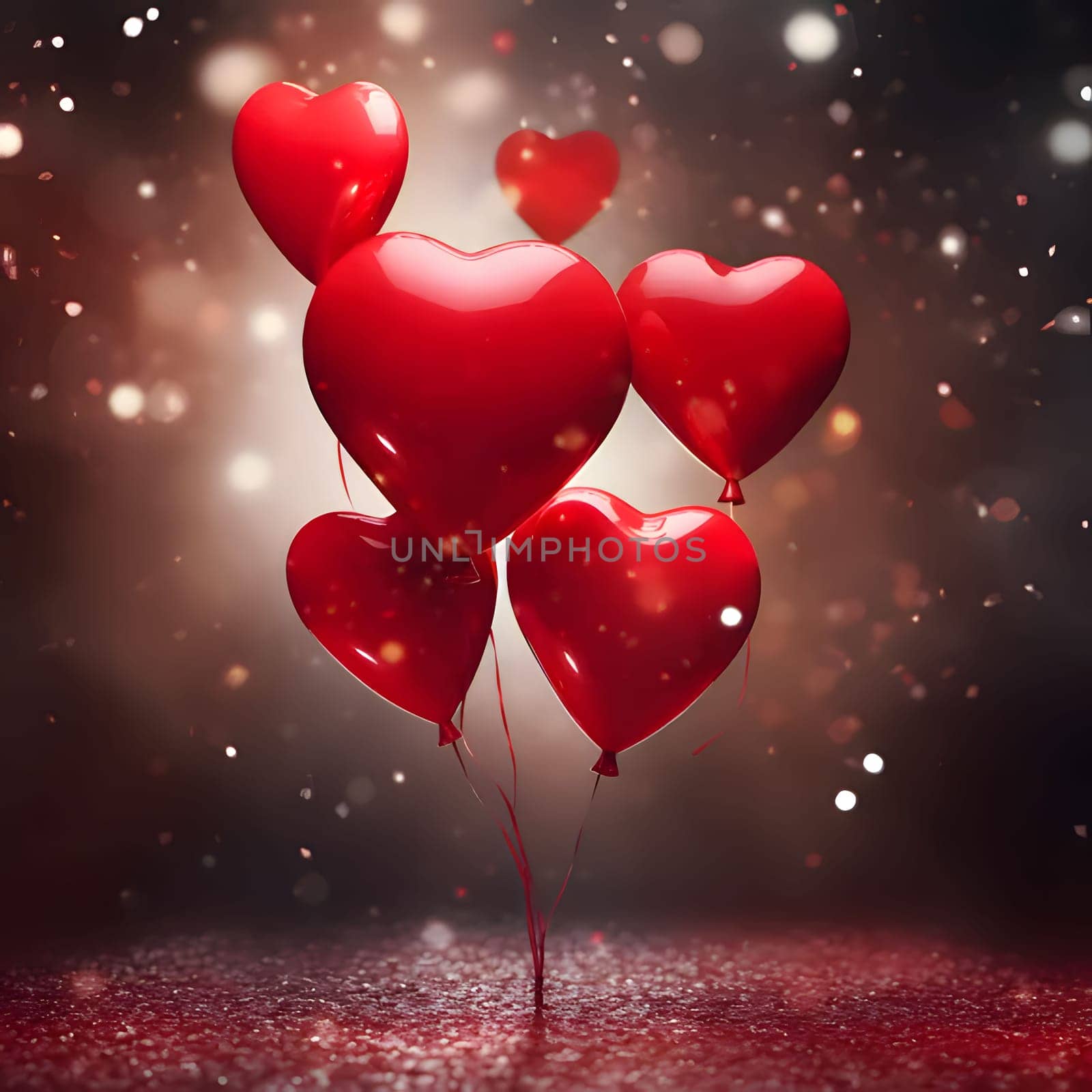 Red heart-shaped balloons and confetti on a dark background, space for your own content. Banner. New Year's party and celebrations. A time of celebration and resolutions.