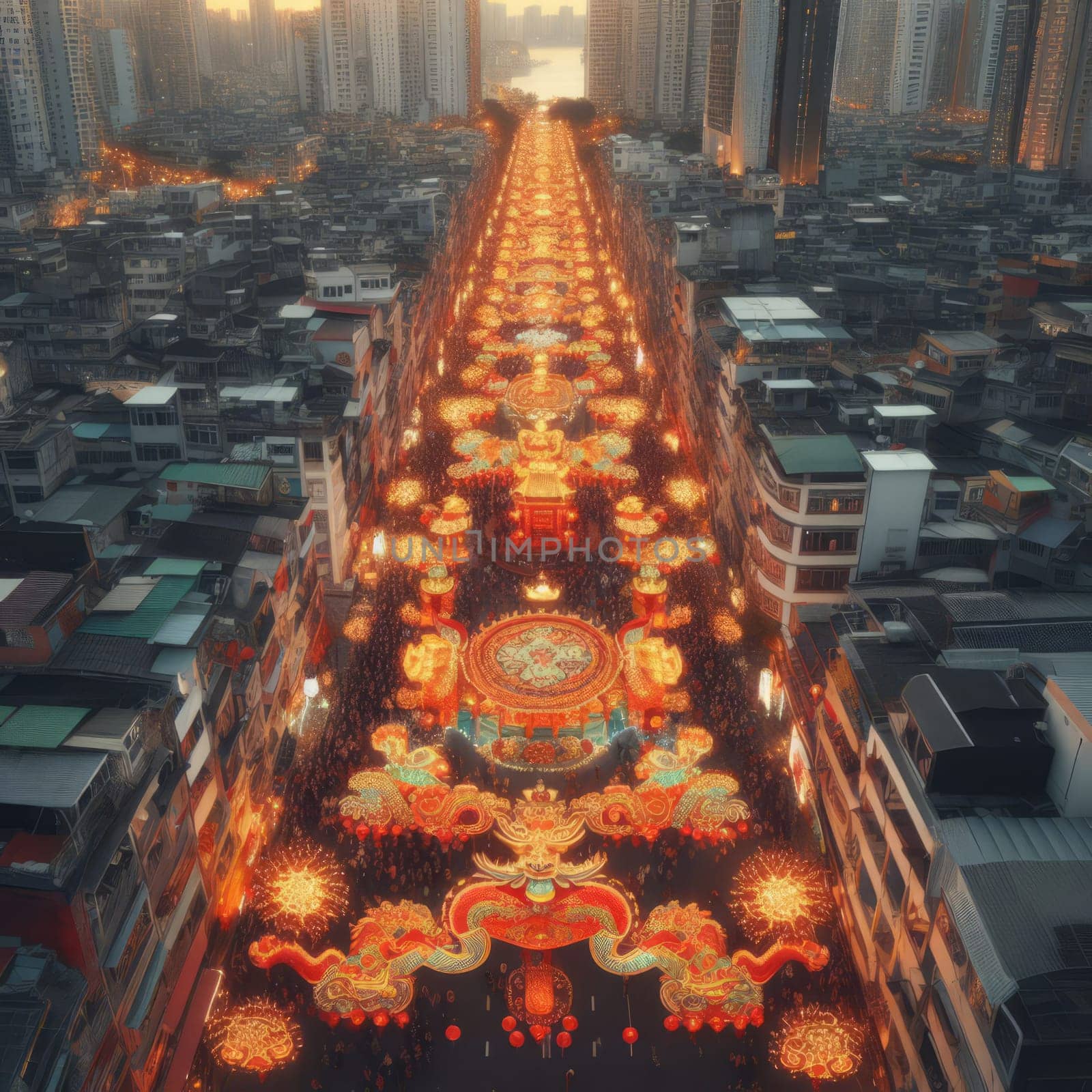 Aerial view of a vibrant China city street adorned with intricate, glowing lanterns at dusk, creating a festive atmosphere