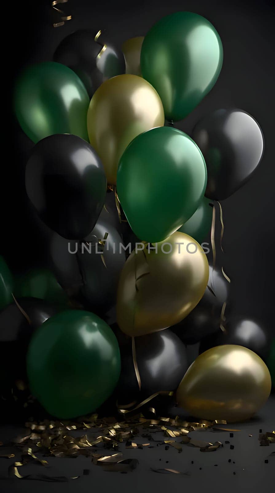 Green and black balloons around streamers and confetti dark background. Space for your own content. New Year's party and celebrations. A time of celebration and resolutions.