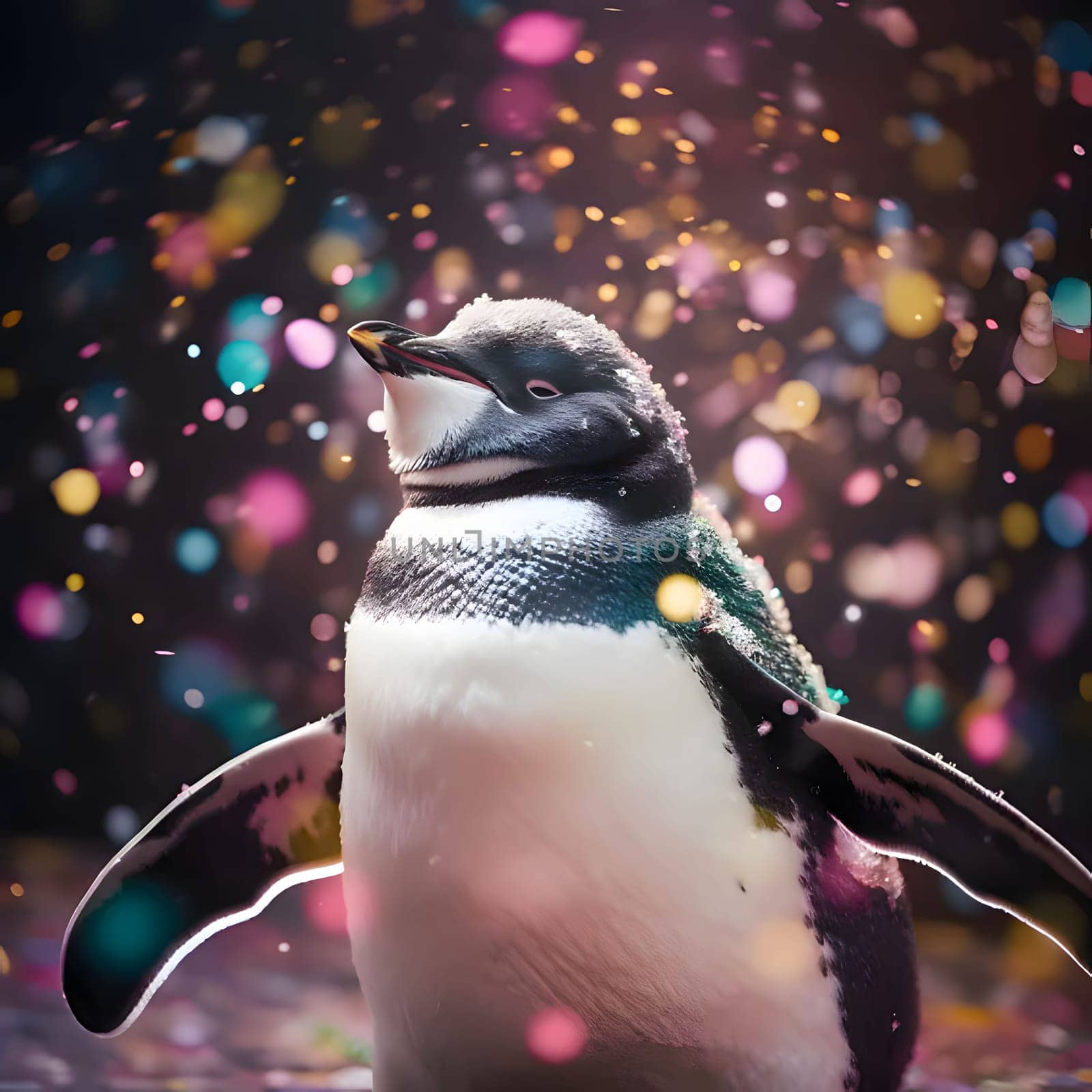 Illustrations of a penguin around colorful confetti black background. New Year's party and celebrations. by ThemesS
