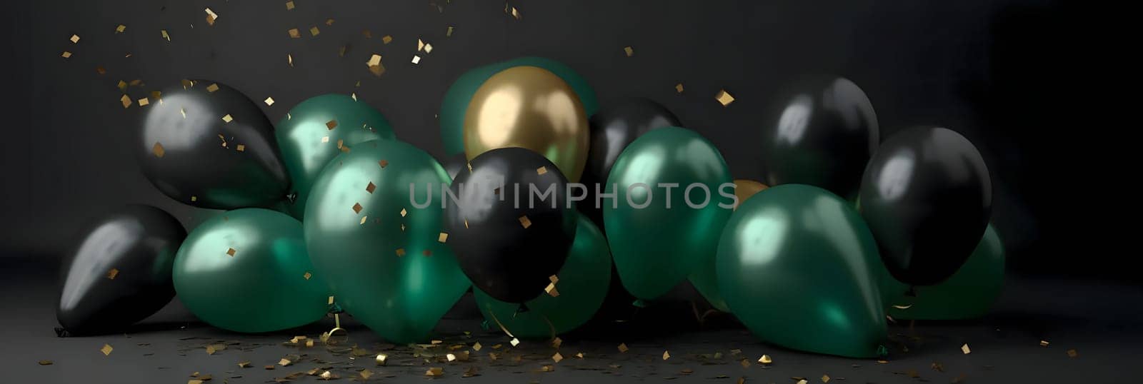 Green and black balloons around streamers and confetti dark background. Space for your own content. New Year's party and celebrations. A time of celebration and resolutions.