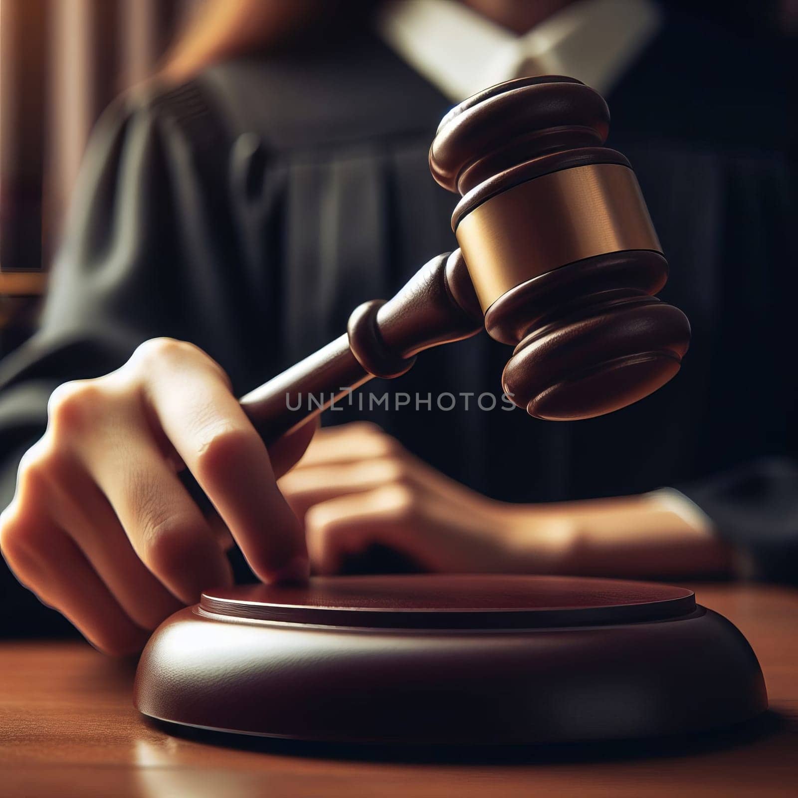 Close-up of a judge's hand holding a wooden gavel, about to strike it on the sound block in a courtroom