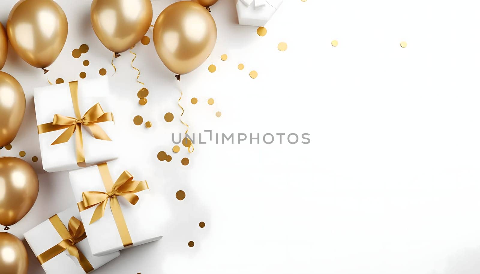 Golden balloons, white gifts arcade jump, confetti, aerial view.New Year's Eve white background, banner with space for your own content. Blank space for the inscription.