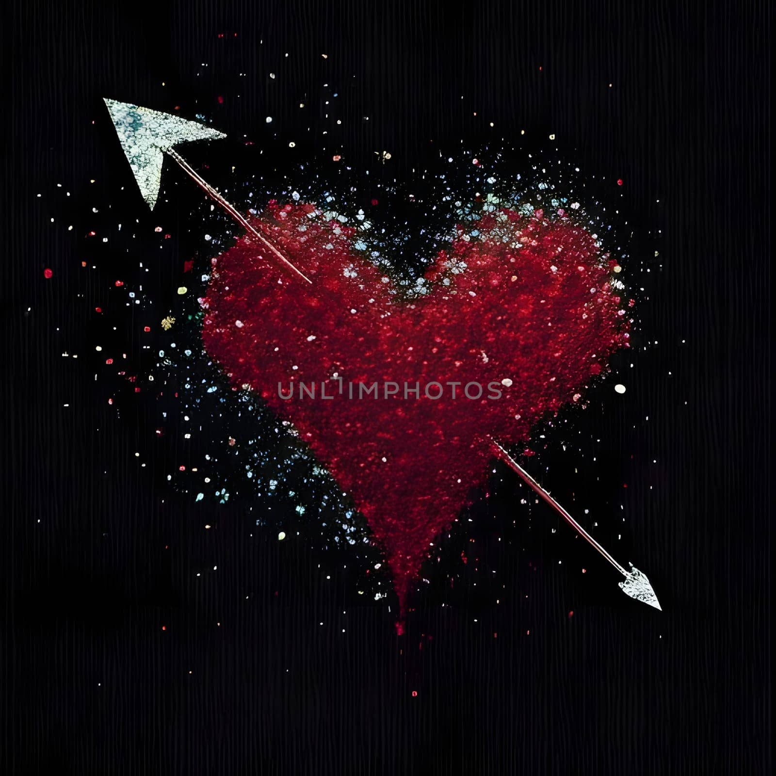 Red heart with competently pierced arrow on black background. New Year's party and celebrations. A time of celebration and resolutions.