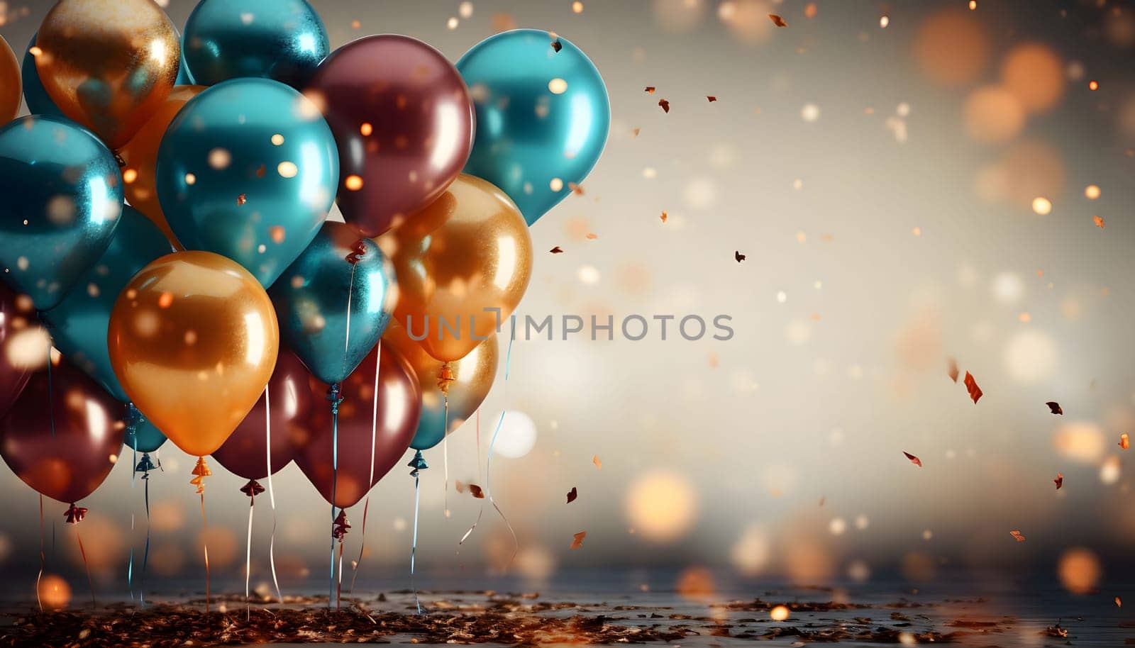 Gold, blue and red balloons in a blurry background with falling confetti.New Year's Eve white background, banner with space for your own content. Blank space for the inscription.
