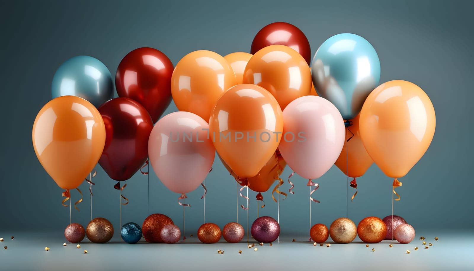Gold and white balloons on a light background with falling confetti and baubles.New Year's Eve white background, banner with space for your own content. Blank space for the inscription.