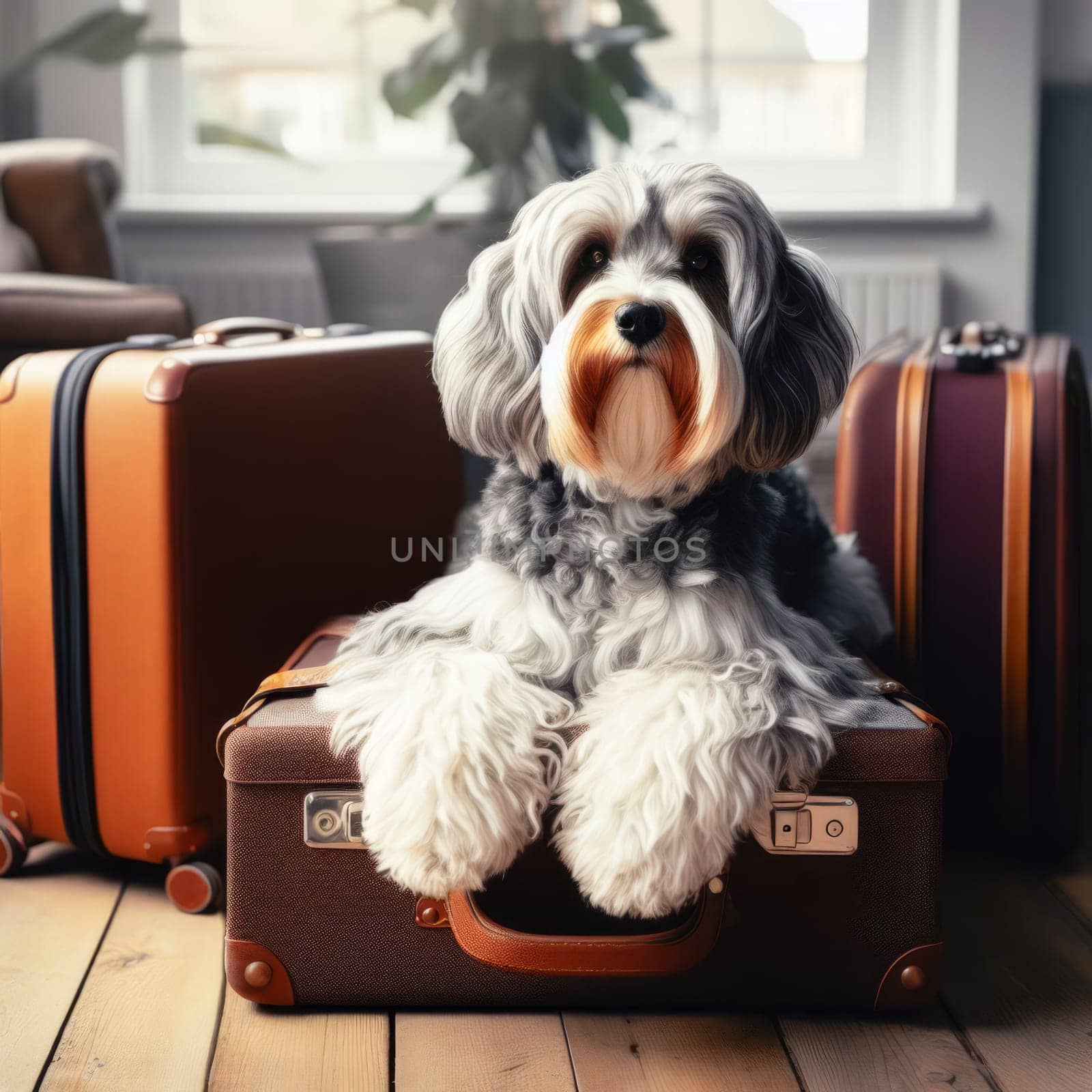 Adorable dog sitting on a suitcase, ready for travel, evoking a sense of adventure and companionship