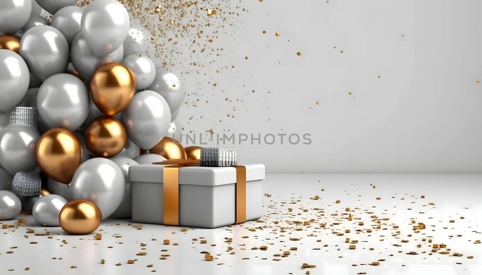 Silver and gold balloons and gifts around confetti.New Year's Eve bright background, banner with space for your own content. Blank space for the inscription.