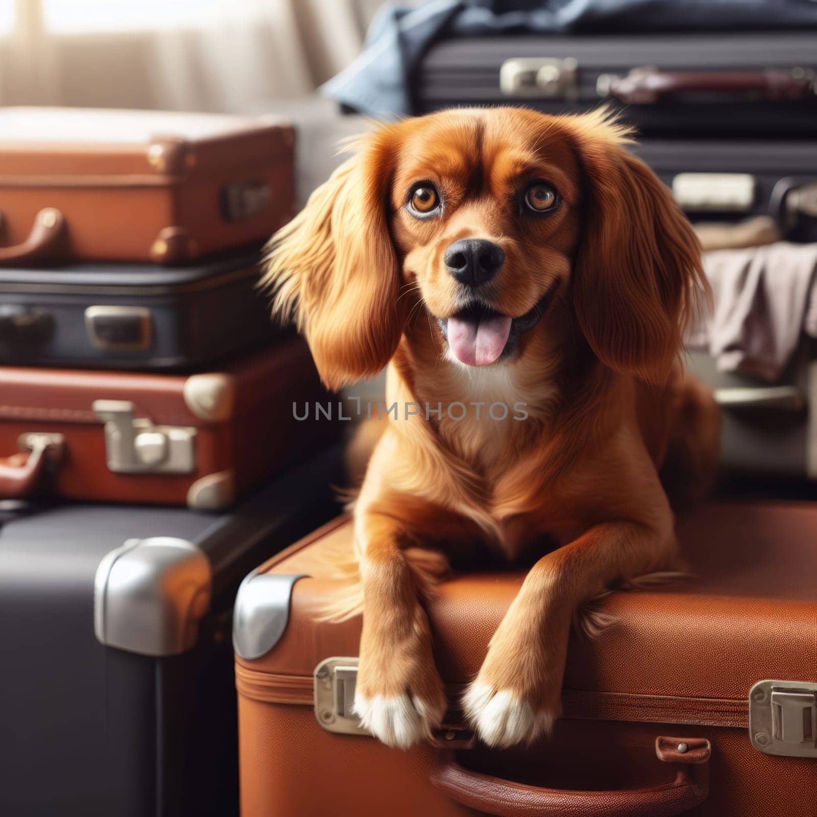 A cute red dog sitting on a suitcase with other luggage in the background