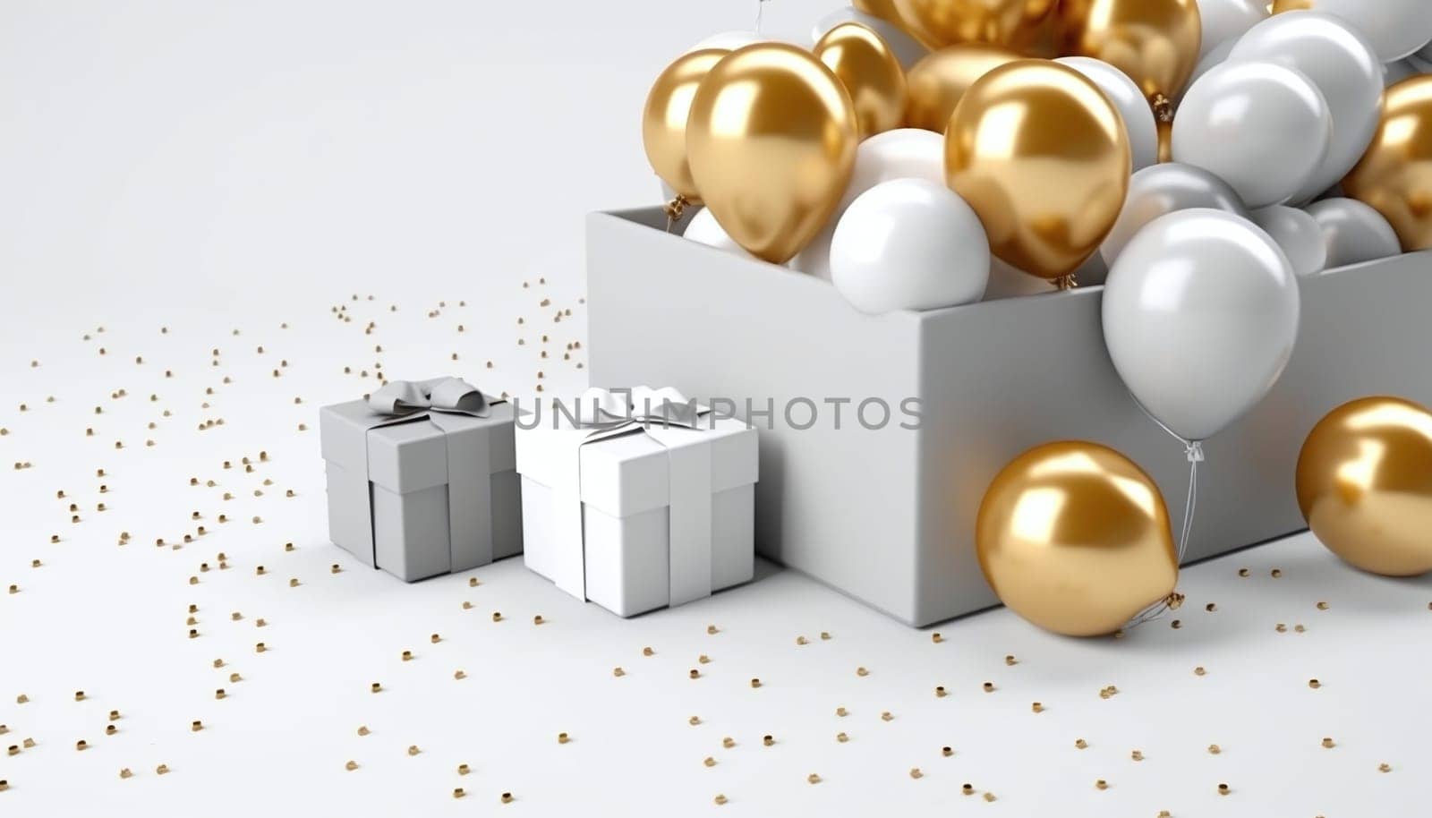 Silver and gold balloons and gifts around confetti.New Year's Eve bright background, banner with space for your own content. Blank space for the inscription.