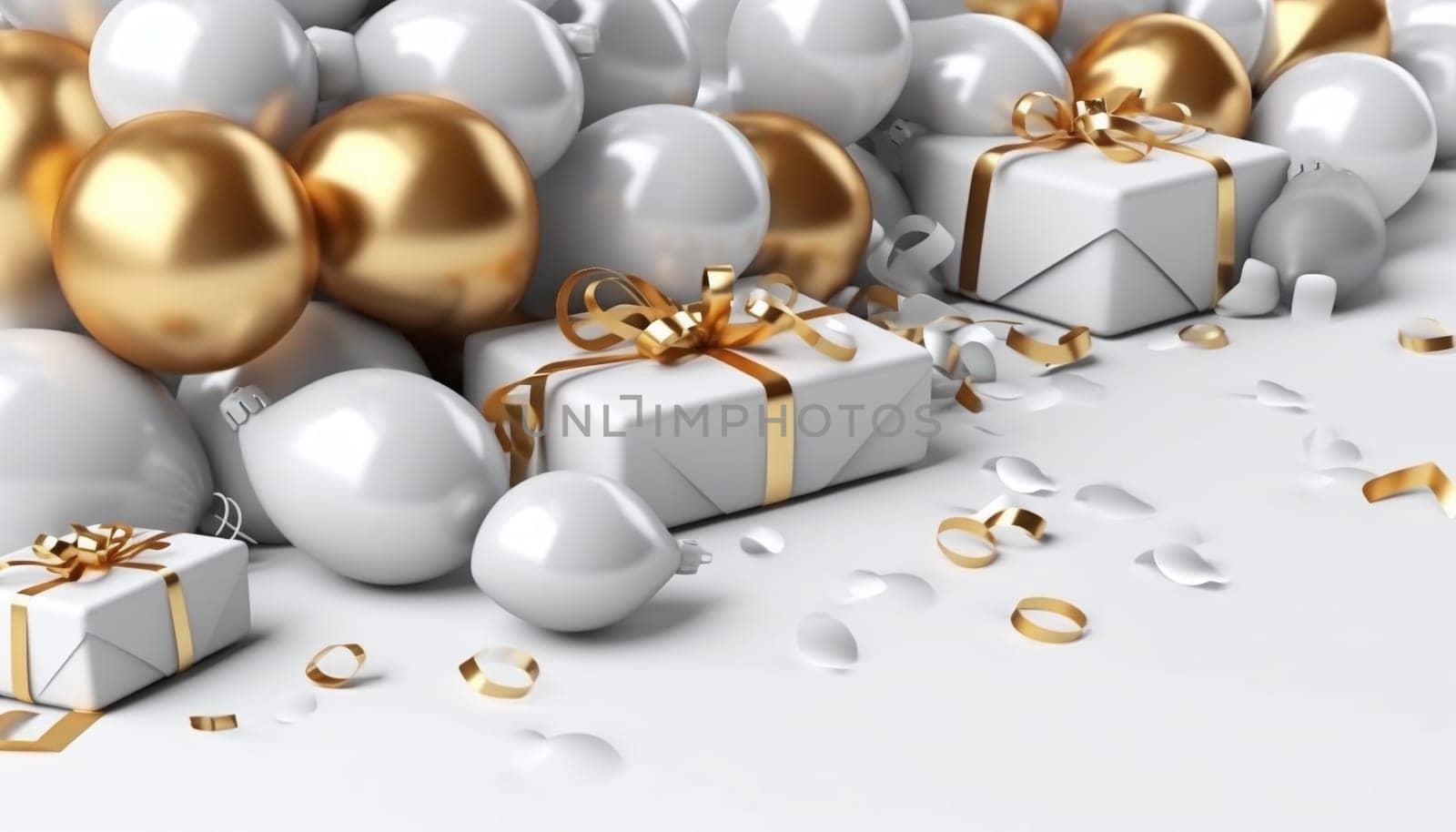 Silver and gold balloons and gifts around confetti.New Year's Eve bright background, banner with space for your own content. Blank space for the inscription.