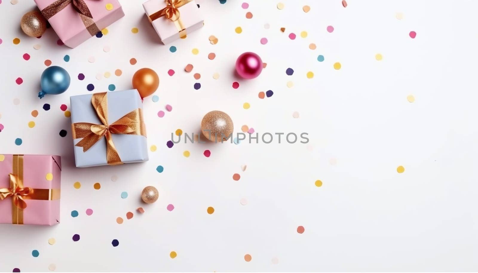 Colorful baubles and gifts around confetti. Top view.New Year's Eve bright background, banner with space for your own content. Blank space for the inscription.