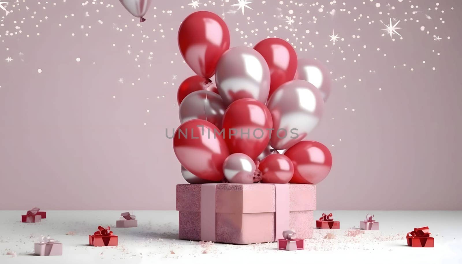 Pink and red balloons and gifts around confetti.New Year's Eve bright background, banner with space for your own content. Blank space for the inscription.