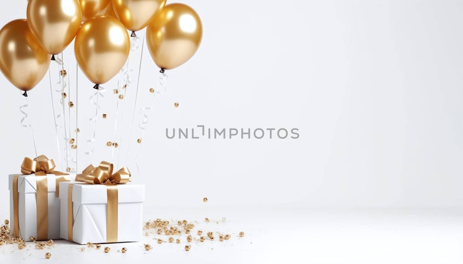 Gold and white balloons and gifts with bows around confetti. New Year's Eve bright background, banner with space for your own content. Blank space for the inscription.
