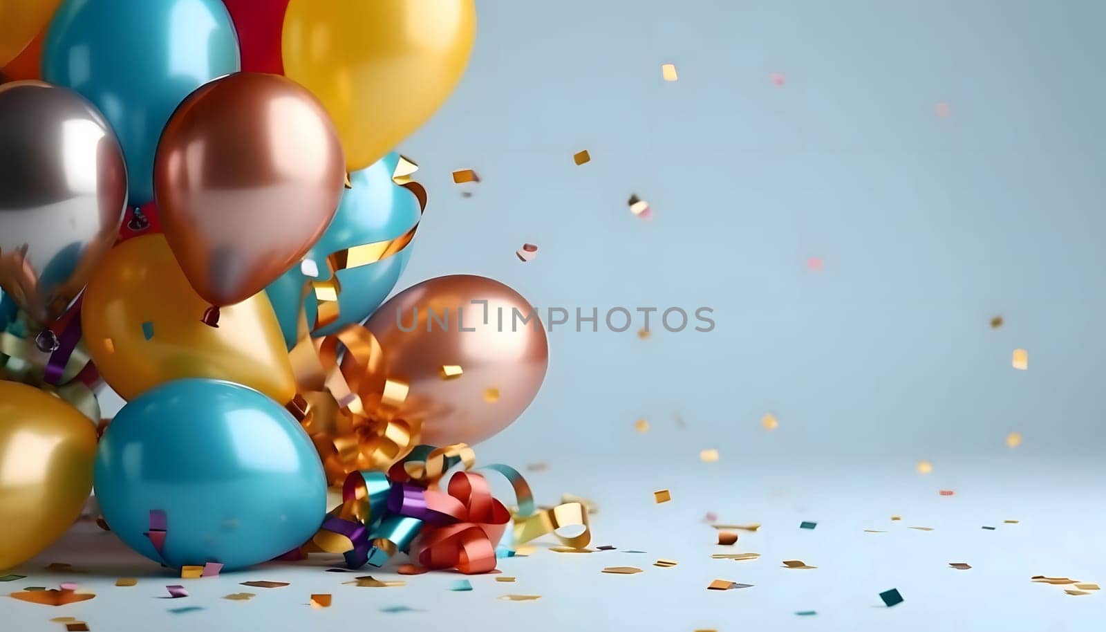Colorful balloons and serpentine around confetti. New Year's Eve bright background, banner with space for your own content. Blank space for the inscription.