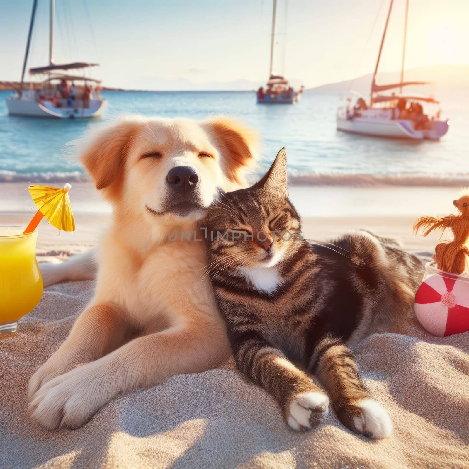 Happy cat and a dog relaxing on a beach with a cocktail and a beach ball, with a beautiful ocean view and boats in the background