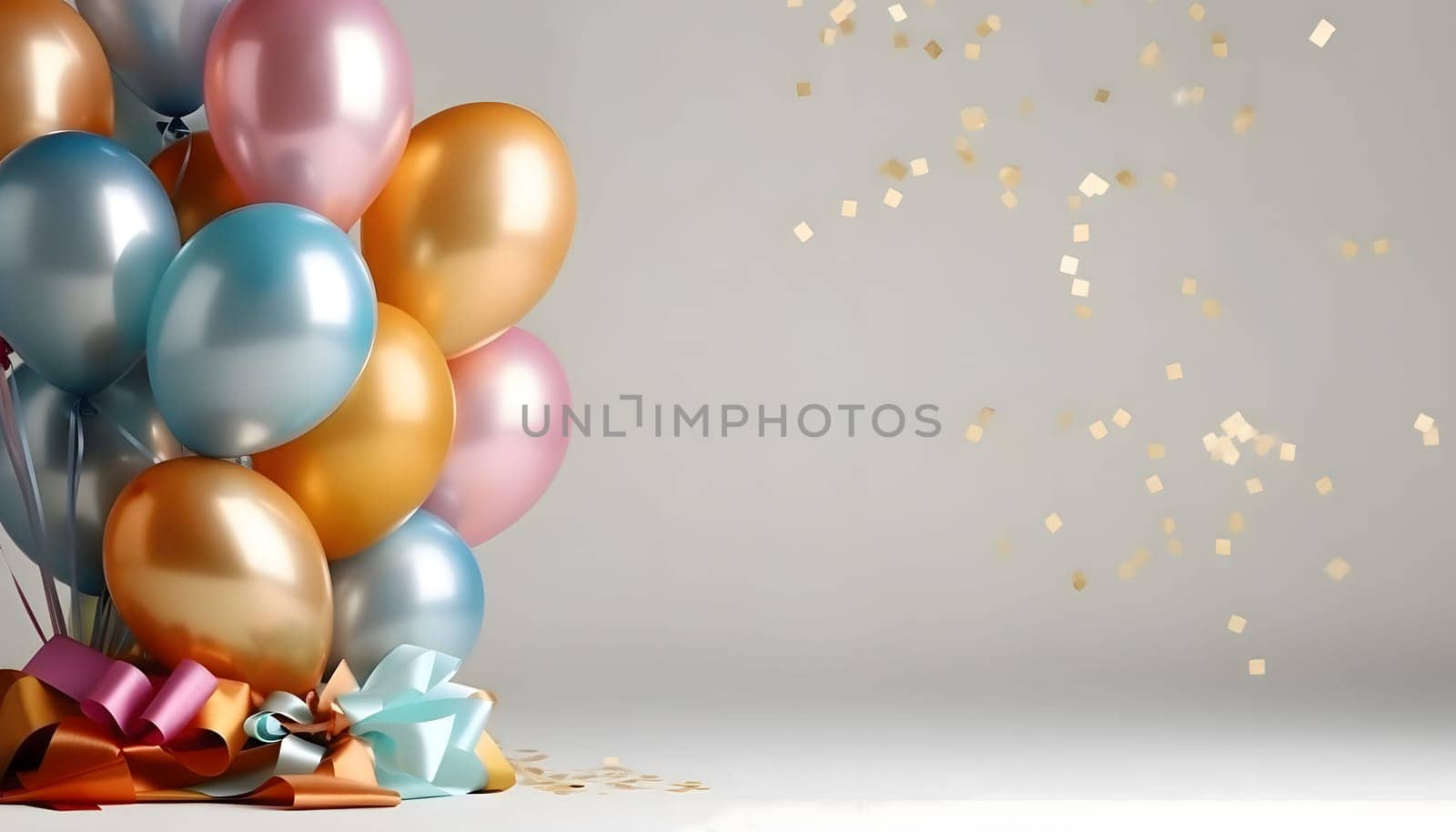 Colorful balloons and bows around confetti. New Year's Eve gray background, banner with space for your own content. Blank space for the inscription.