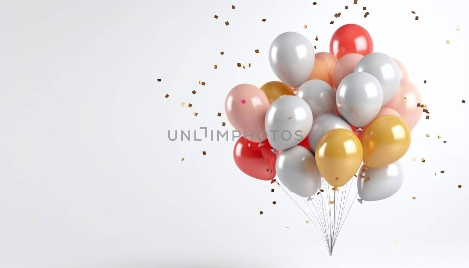 Colorful balloons, around confetti. New Year's Eve bright background, banner with space for your own content. Blank space for the inscription.