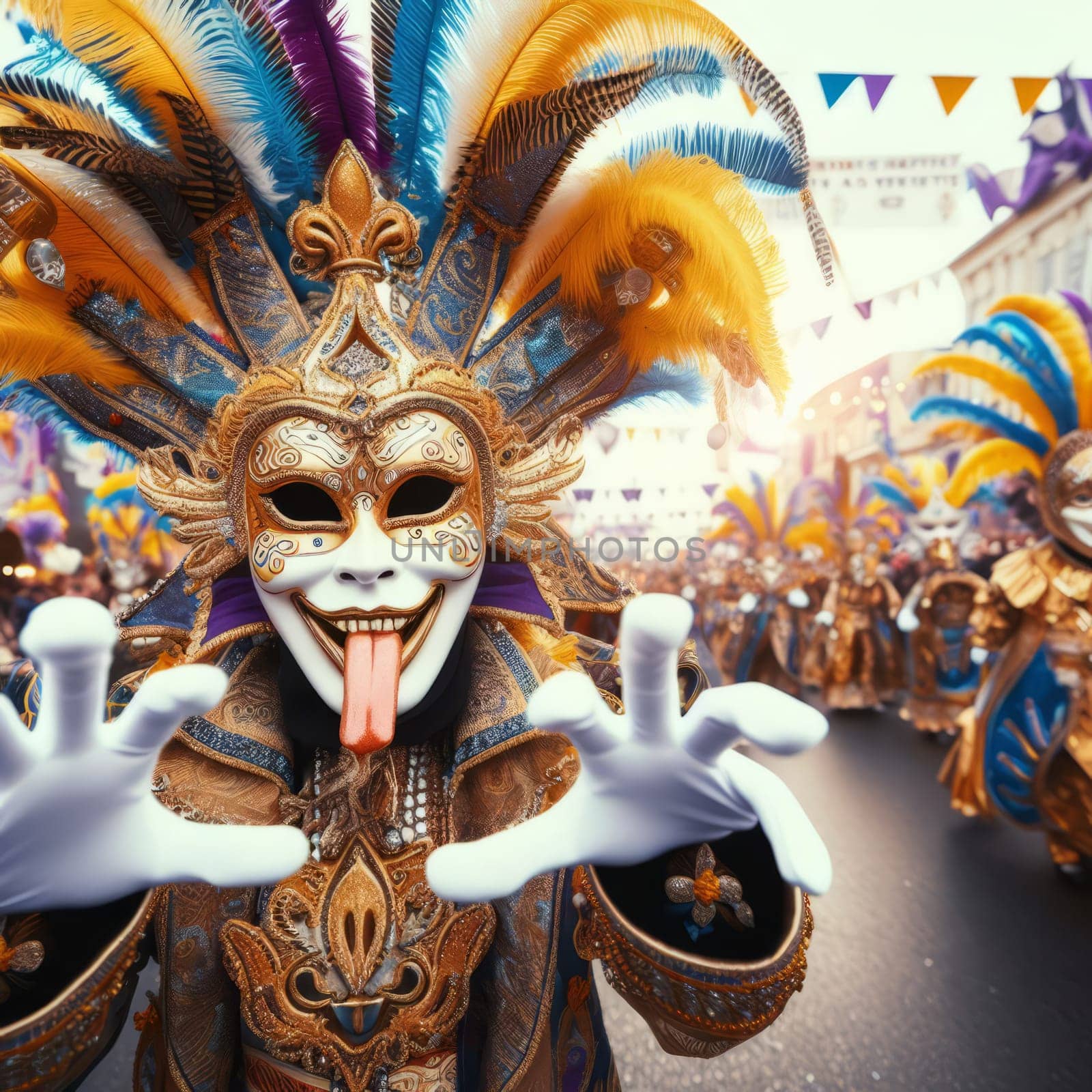 Vibrant carnival scene with a masked participant in ornate attire reaching out amidst a lively street festival