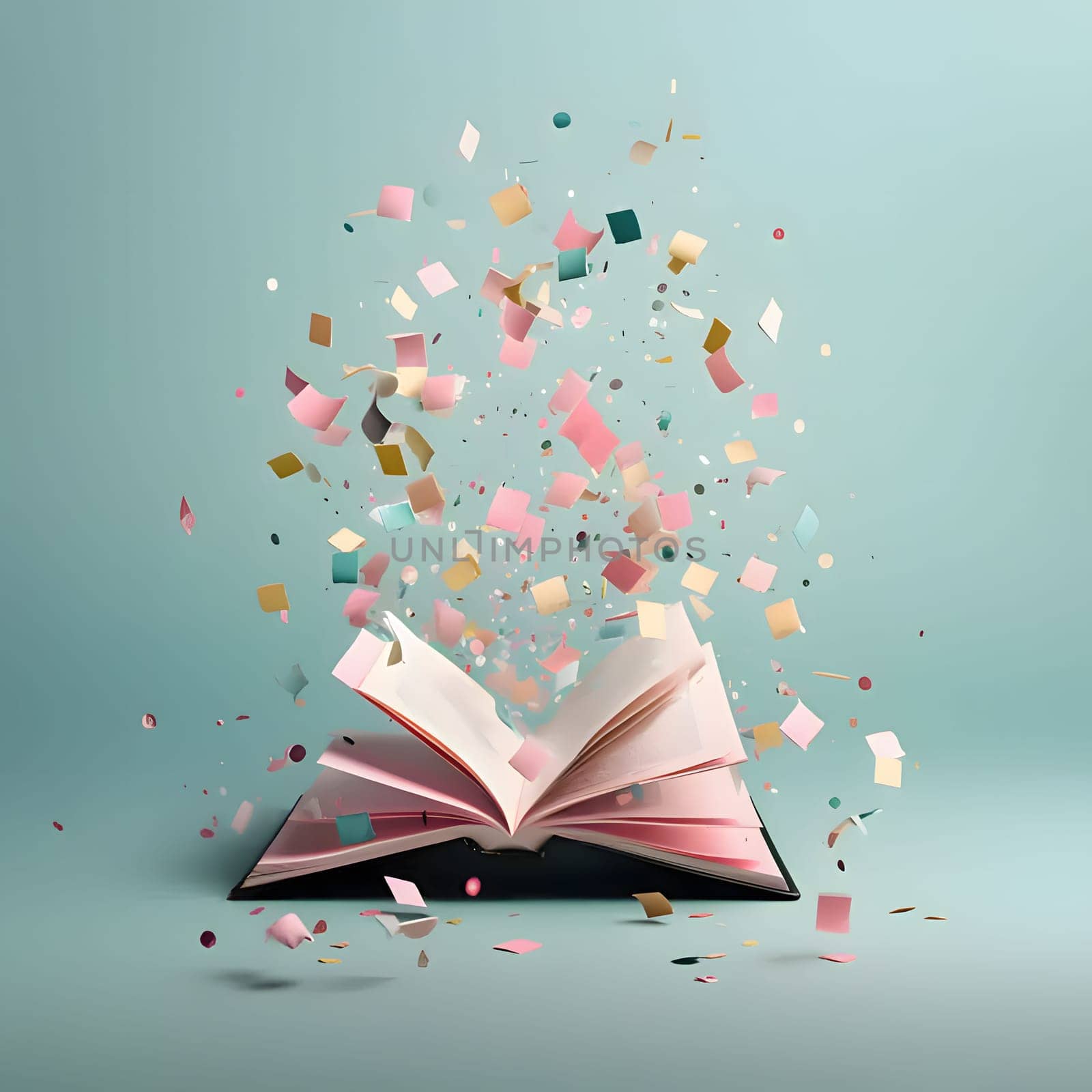 Open book and falling confetti on a solid background. New Year's party and celebrations. by ThemesS