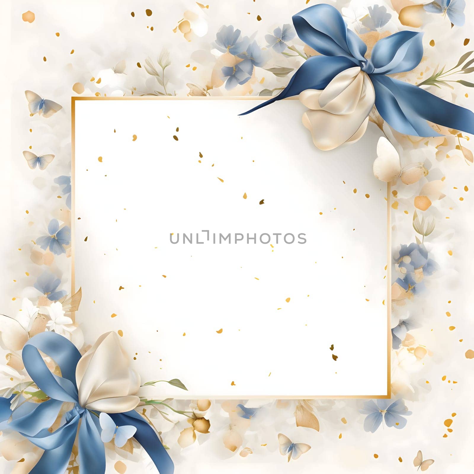 Gold frame in the middle blank around decorations of blue and white flowers and bows. by ThemesS