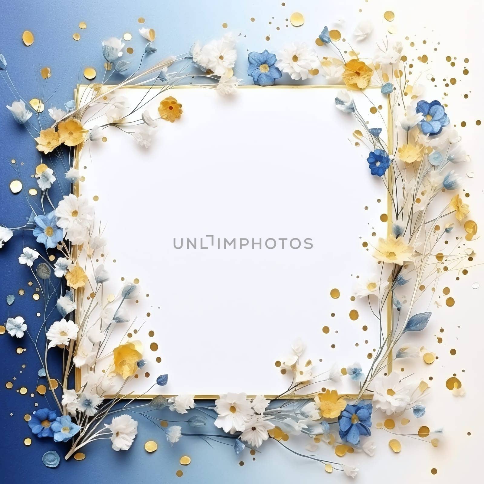 White blank with space for your own content, around decorations of white, blue and gold flowers with confetti. New Year fun and festivities.