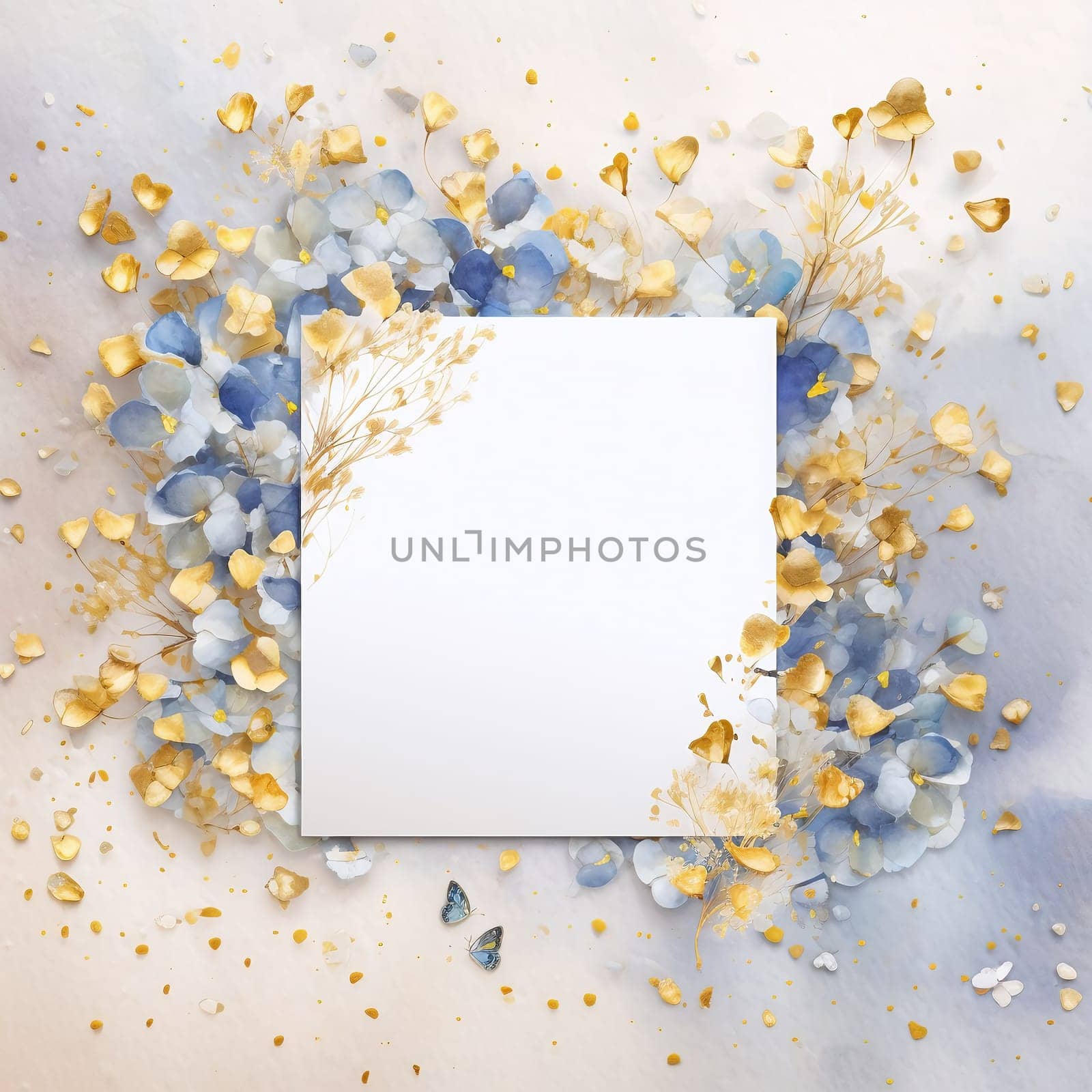White blank with space for your own content, around decorations of white, blue and gold flowers with confetti. New Year fun and festivities.