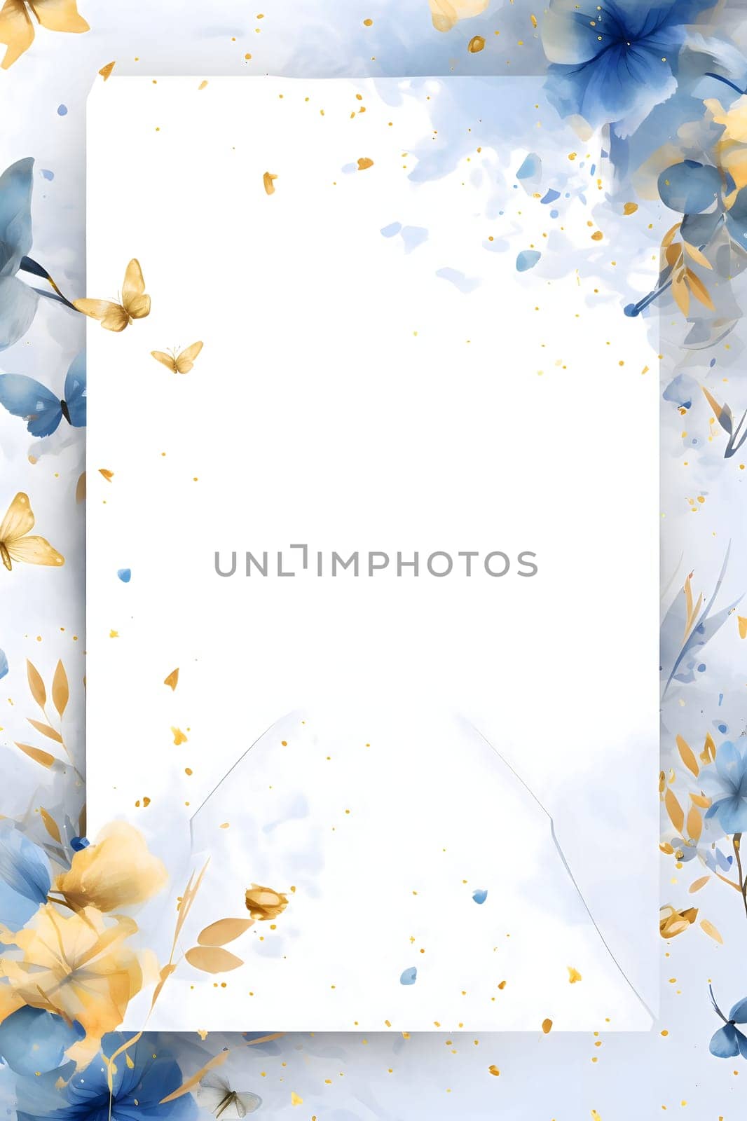 White blank with space for your own content, around decorations of white, blue and gold flowers and bows with confetti. by ThemesS