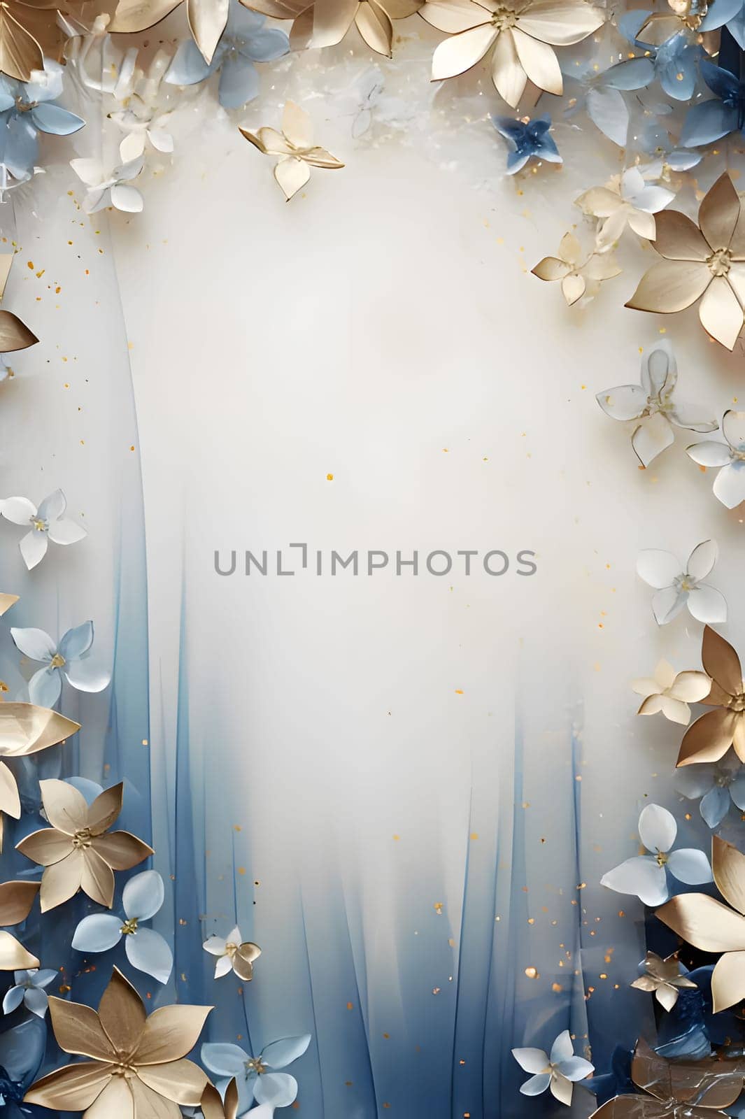 White blank with space for your own content, around decorations of white, blue and gold flowers with confetti. by ThemesS