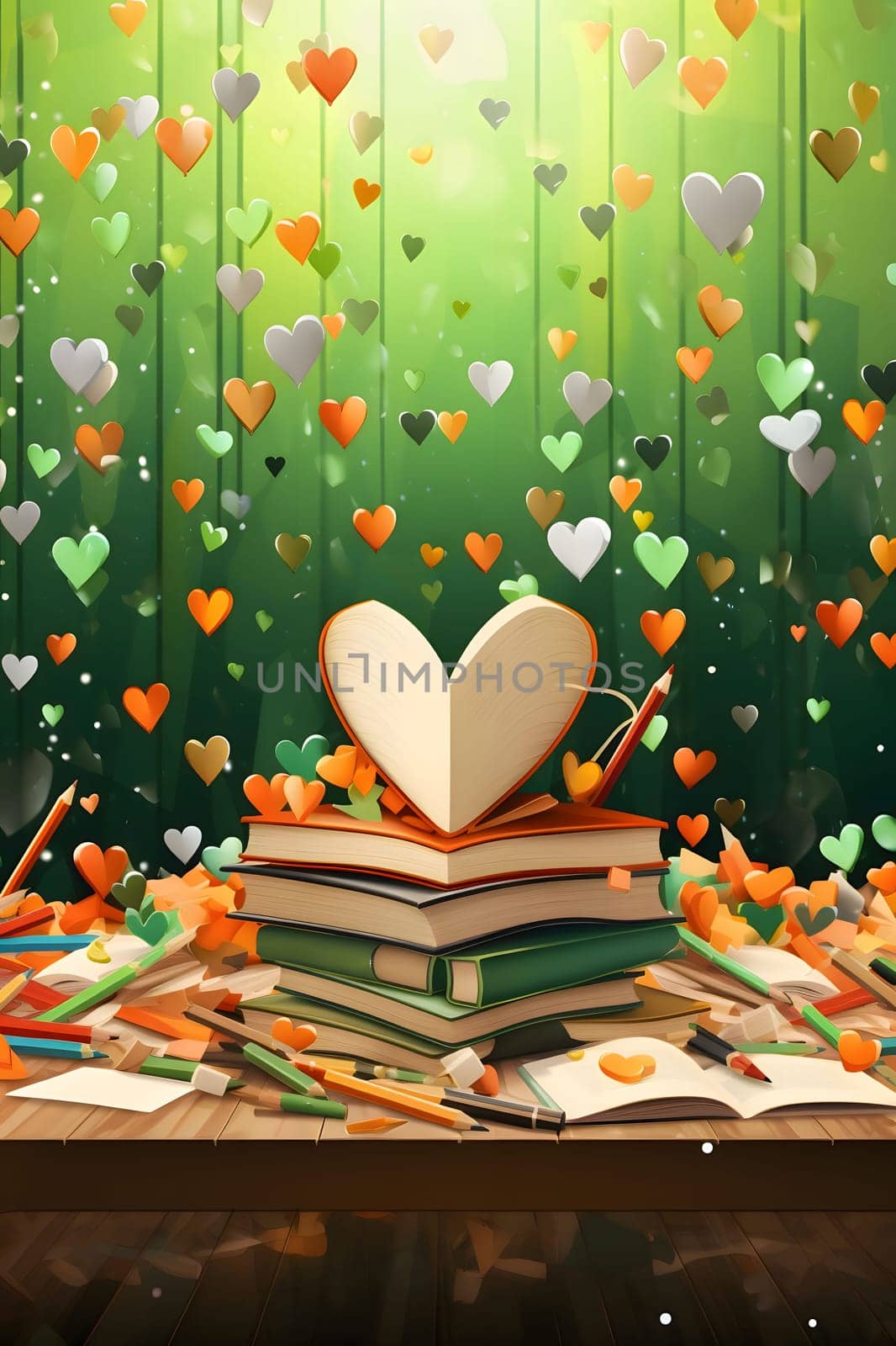 Books, on a green background falling hearts confetti streamers. New Year's party and celebrations. by ThemesS