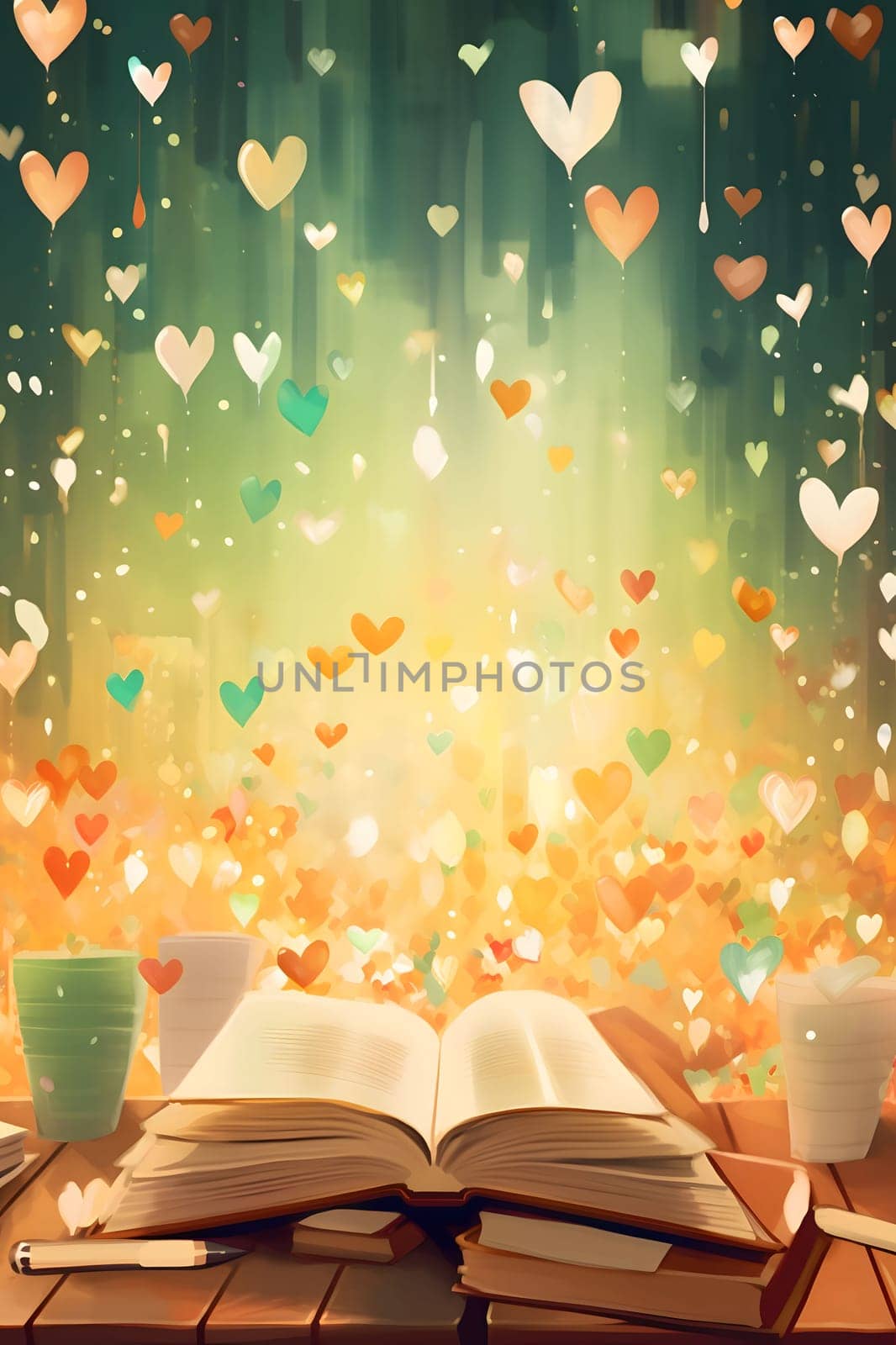 Open book wooden top on around colorful green heart. New Year's party and celebrations. A time of celebration and resolutions.