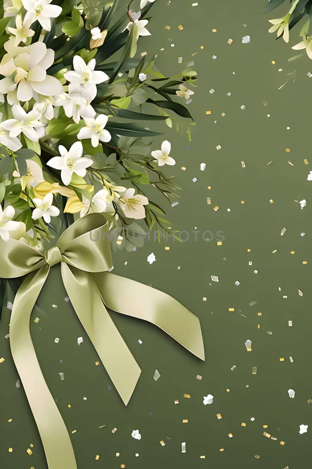 Decorations with white flowers and bows green background with space for your own content with confetti. New Year's party and celebrations. by ThemesS