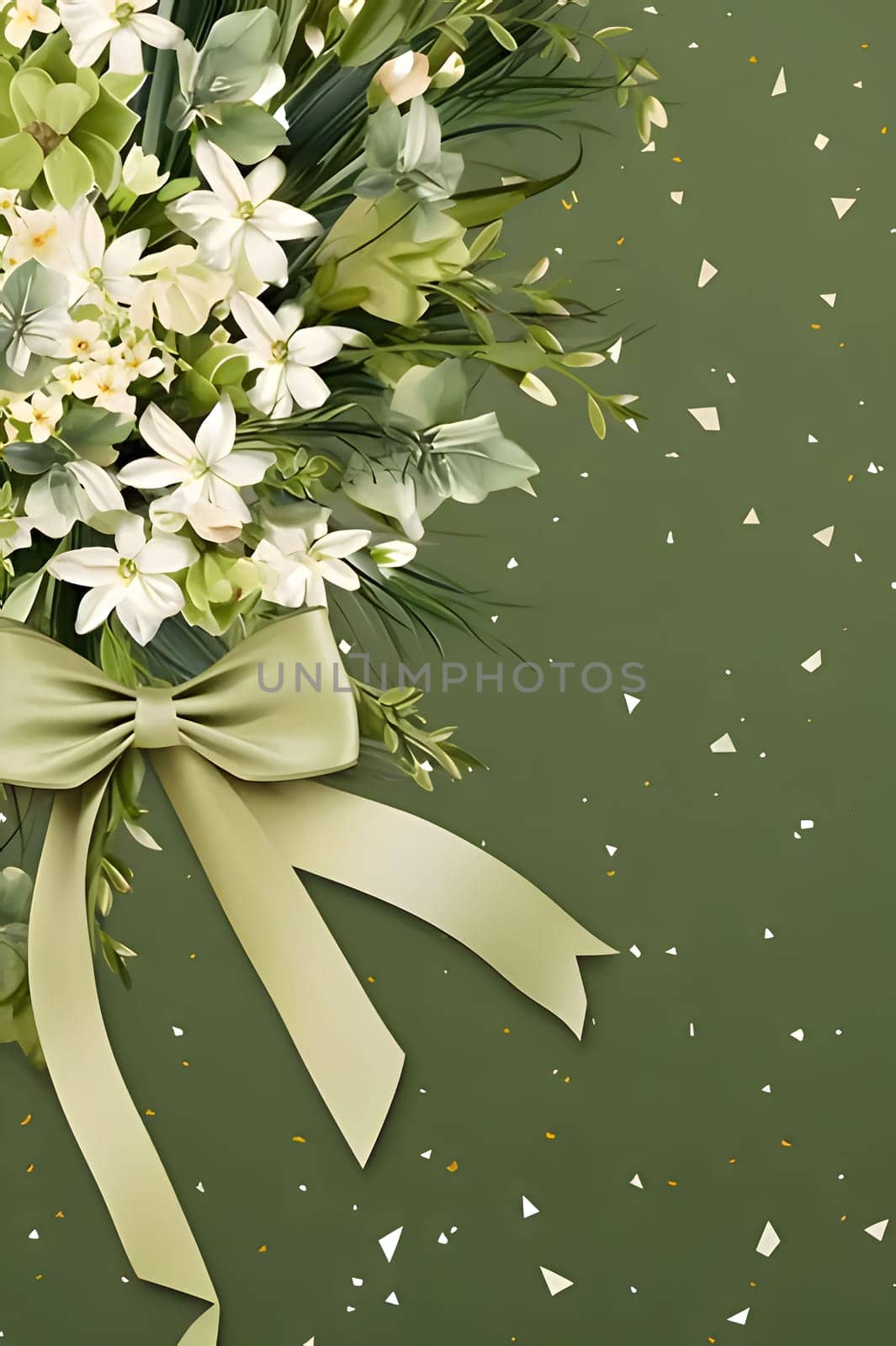 Decorations with white flowers and bows green background with space for your own content with confetti. New Year's party and celebrations. by ThemesS