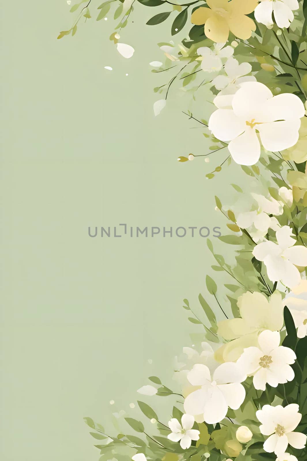 White and green flowers as ornaments in the middle of a blank field with space for your own content. New Year's party and celebrations. by ThemesS