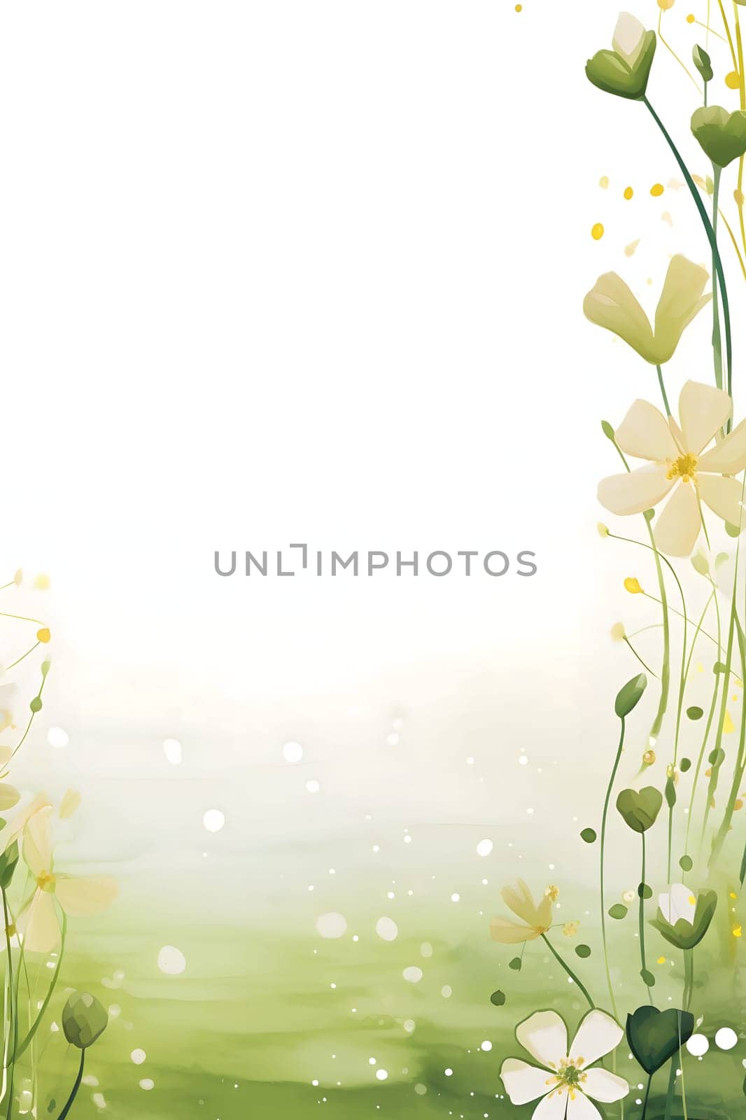 White and green flowers as ornaments in the middle of a blank field with space for your own content. New Year's party and celebrations. A time of celebration and resolutions.