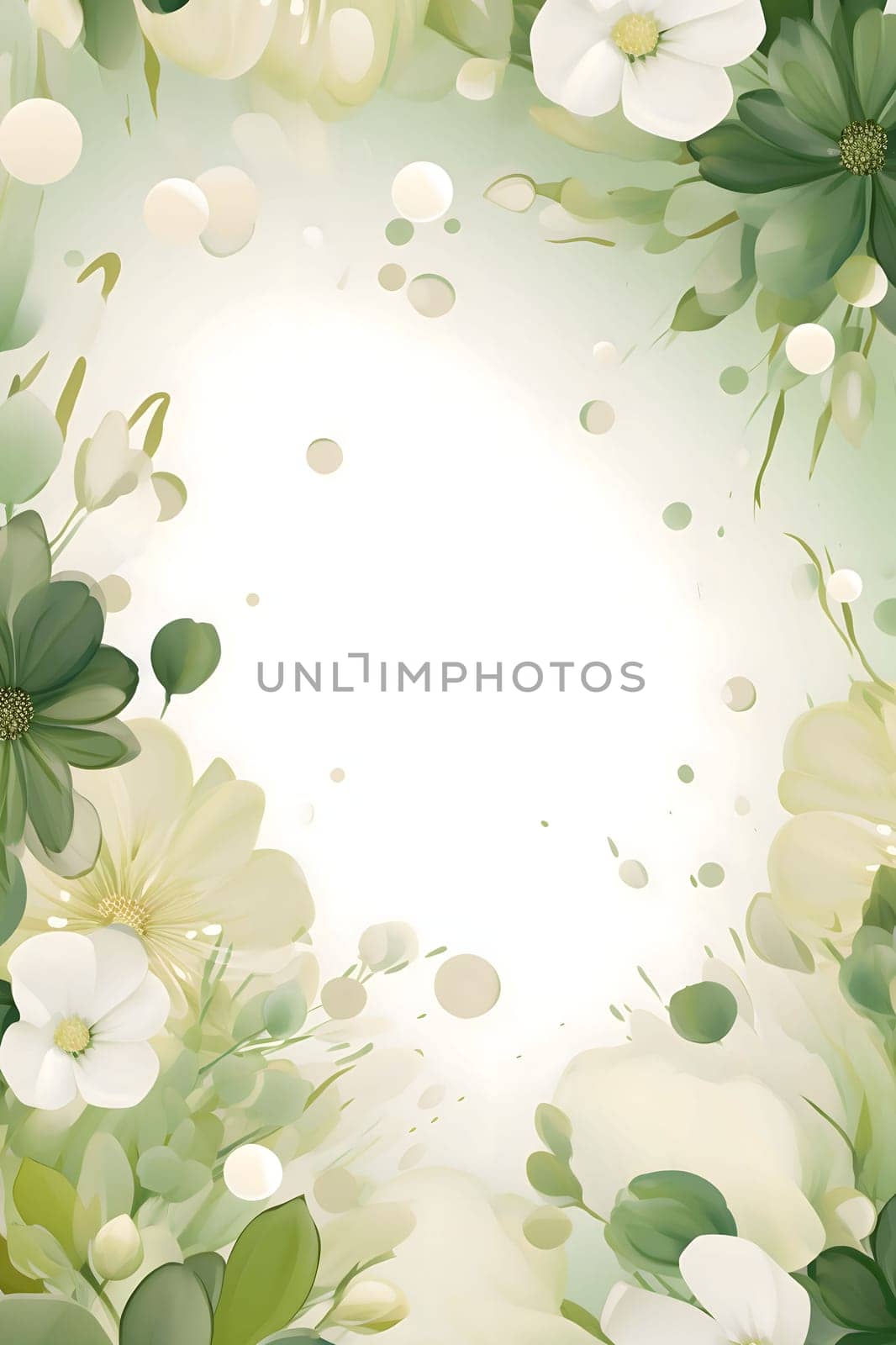 White and green flowers as ornaments in the middle of a blank field with space for your own content. New Year's party and celebrations. by ThemesS