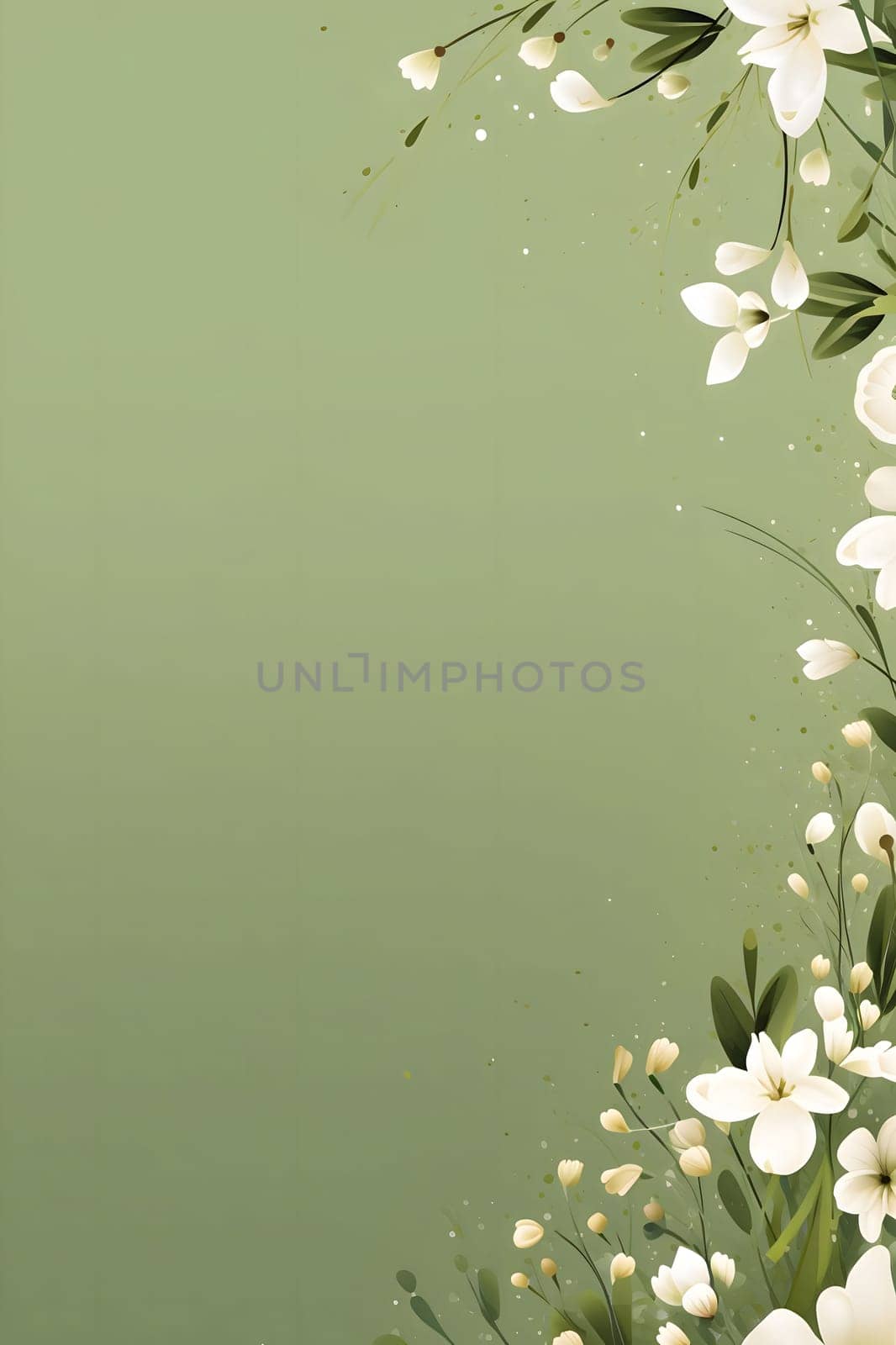 White and green flowers as ornaments in the middle of a blank field with space for your own content. New Year's party and celebrations. by ThemesS