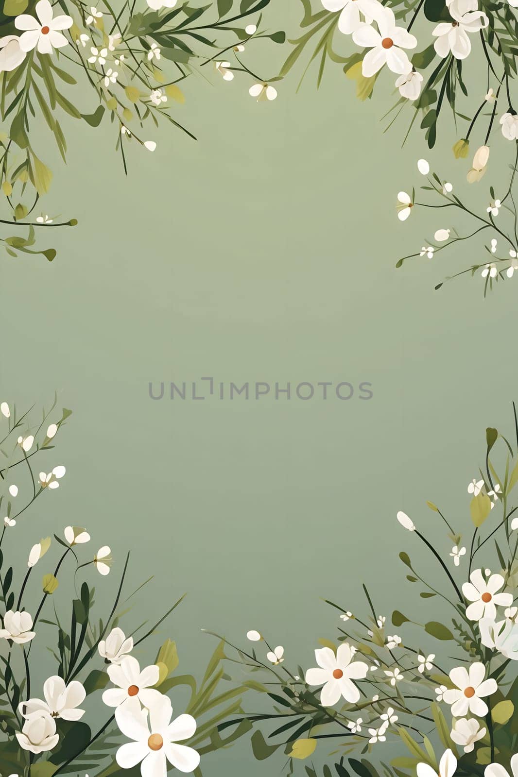 White and green flowers as ornaments in the middle of a blank field with space for your own content. New Year's party and celebrations. by ThemesS