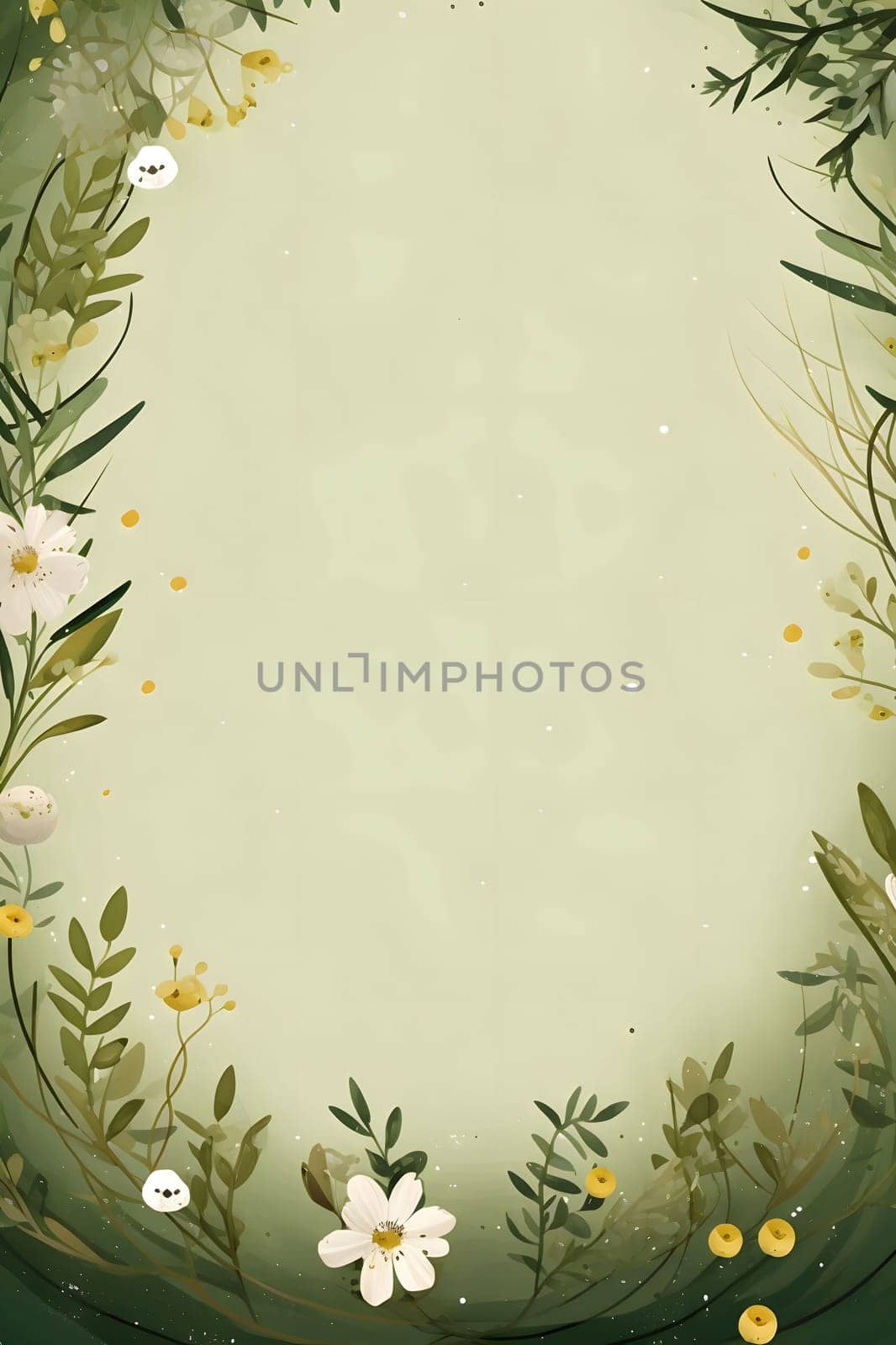 White and green flowers as ornaments in the middle of a blank field with space for your own content. New Year's party and celebrations. by ThemesS