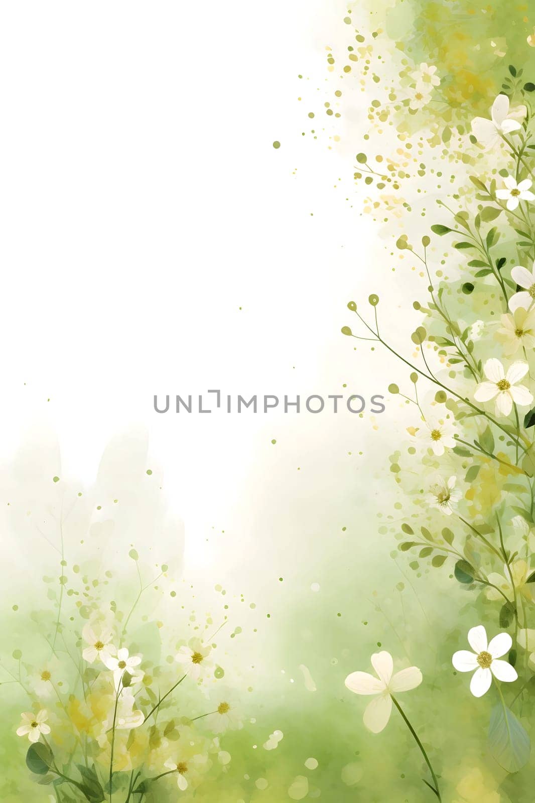 White and green flowers as ornaments in the middle of a blank field with space for your own content. New Year's party and celebrations. by ThemesS