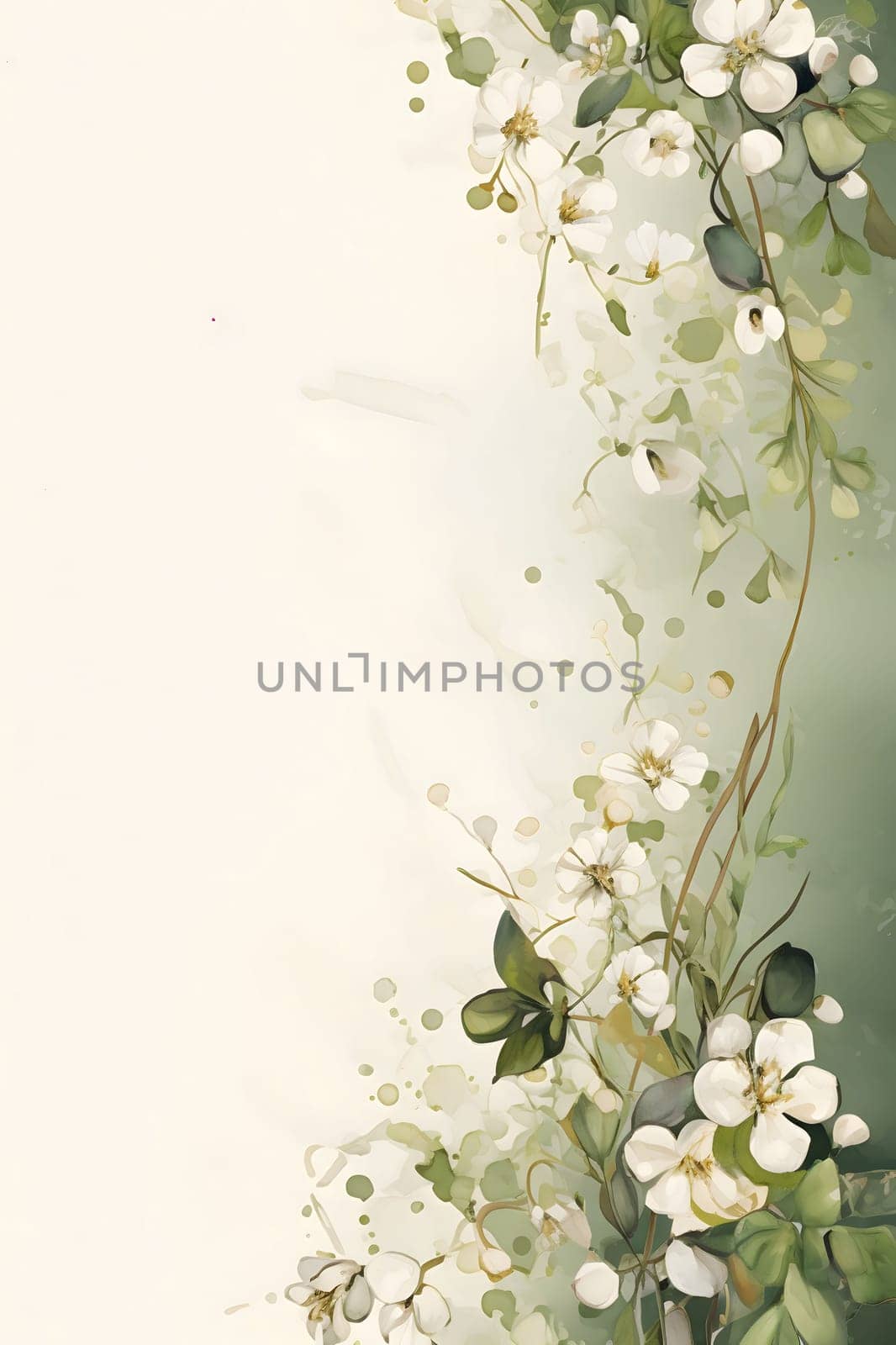 White and green flowers as ornaments in the middle of a blank field with space for your own content. New Year's party and celebrations. by ThemesS