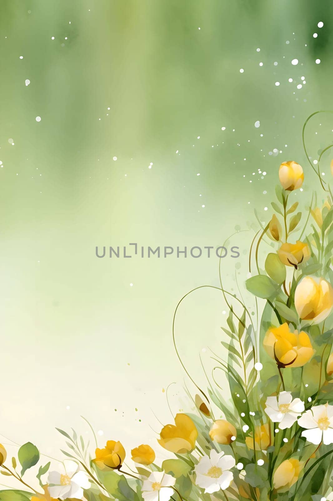 White and green flowers as ornaments in the middle of a blank field with space for your own content. New Year's party and celebrations. by ThemesS