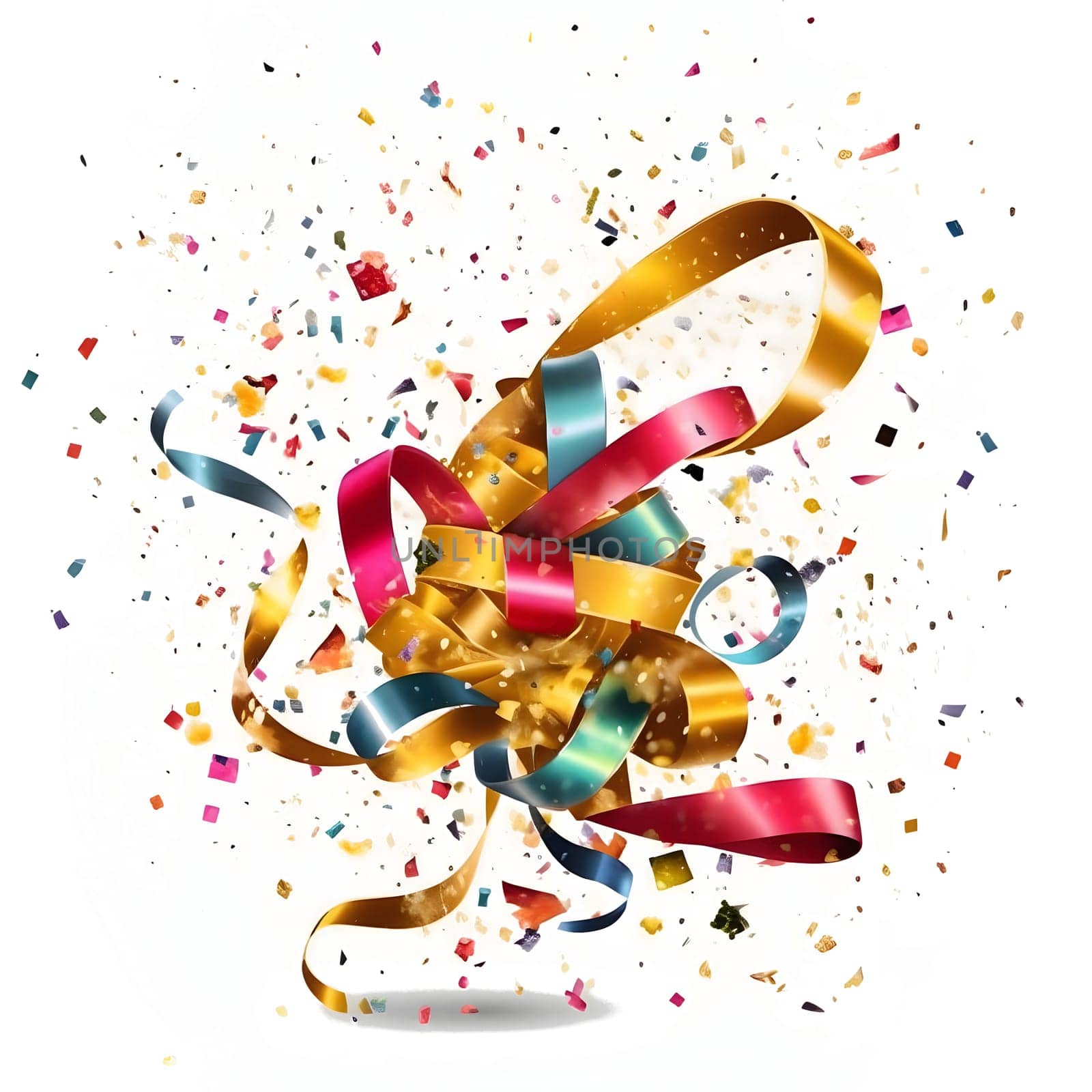Colorful, streamers, bows and confetti on a white isolated background. New Year's party and celebrations. A time of celebration and resolutions.