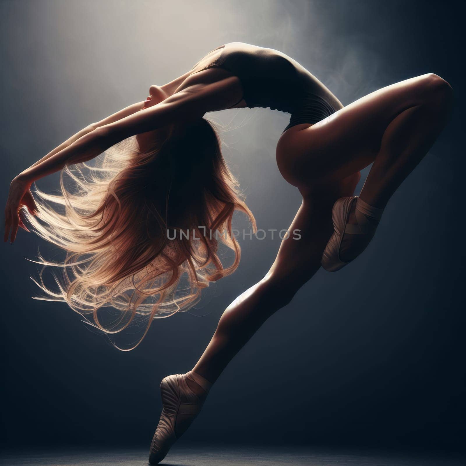 Female dancer in a black leotard and ballet slippers, mid-dance with her hair flying. Ballerina dancing, background is dark and the lighting is dramatic