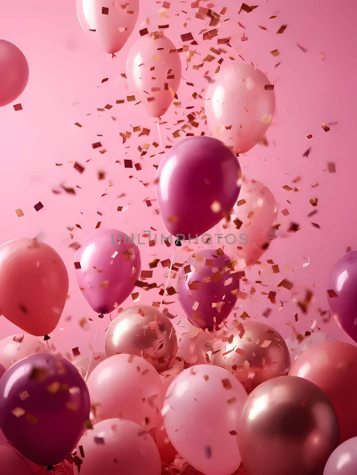 Colorful; pink, red, white balloons and confetti. New Year's party and celebrations. A time of celebration and resolutions.