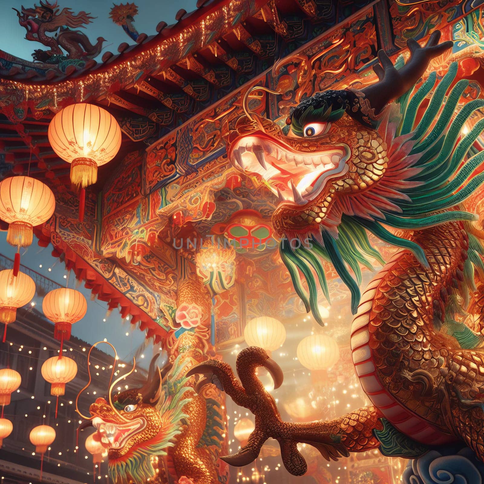 Dragon statue on a temple roof with red lanterns hanging from it. The dragon is green and red with a blue mane and is holding a golden ball in its mouth
