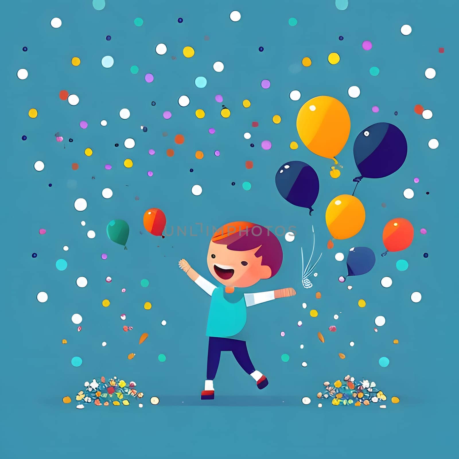 Illustration of a cheerful boy with colorful balloons and confetti on a blue background. New Year's party and celebrations. by ThemesS