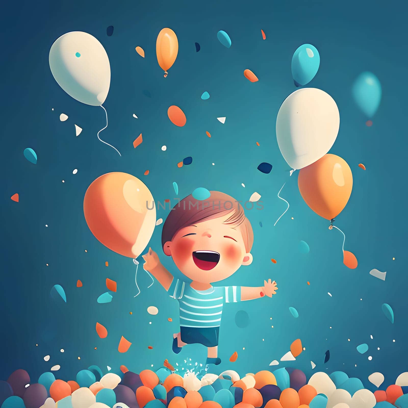 Illustration of a cheerful boy with colorful balloons and confetti on a blue background. New Year's party and celebrations. A time of celebration and resolutions.