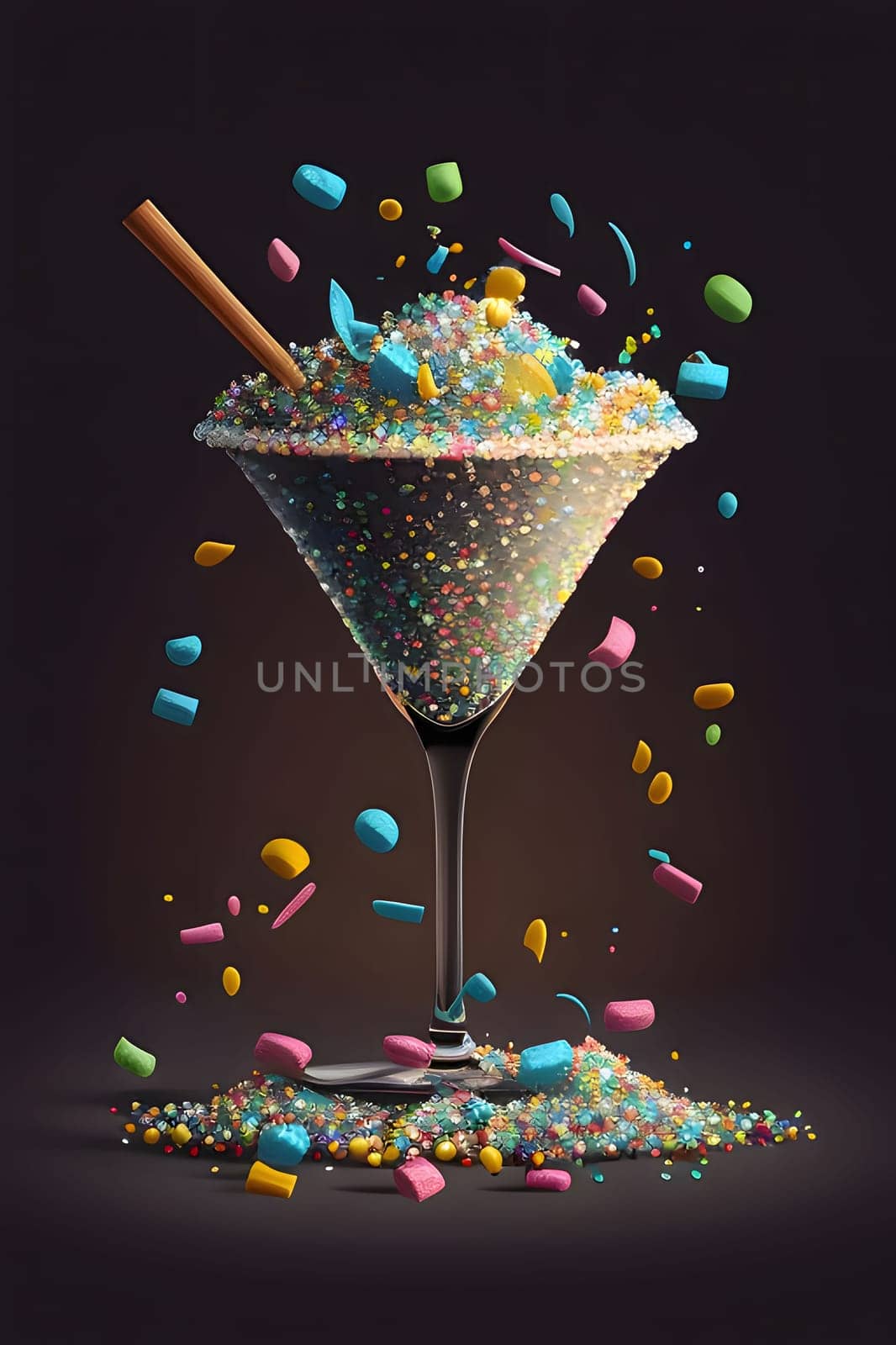 Illustration of a glass with champagne and confetti on a dark background. New Year's party and celebrations. by ThemesS